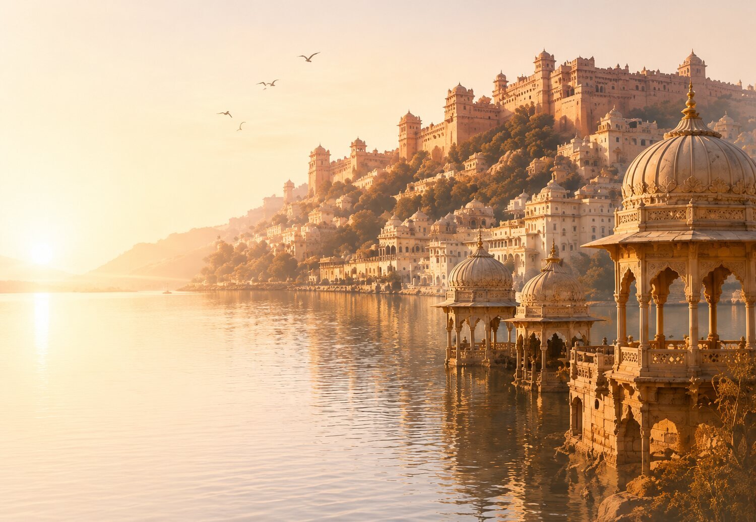 Rajasthan lake palace at sunrise